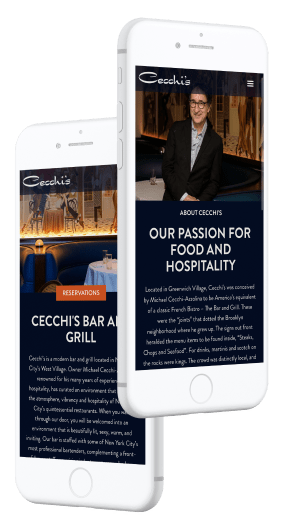 An image showing a mobile advertising campaign for 'Cecchi's Bar & Grill.' Two smartphones display the bar's homepage with a photo of the owner and a section titled 'Our Passion for Food and Hospitality.' To the left, text titled 'Ad Copy Creation and Optimization' outlines the service of creating persuasive ad copy to enhance audience engagement and click-through rates for PPC campaigns, emphasizing the use of A/B testing and a data-driven approach for effective ad performance.